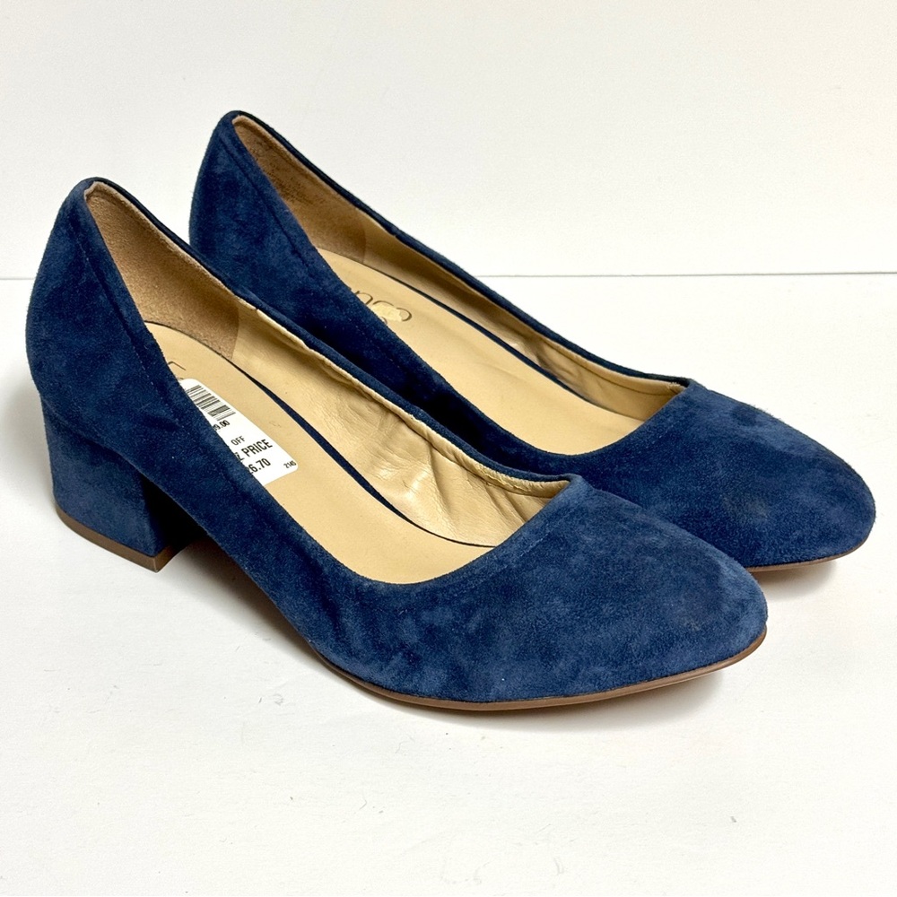 FRANCO SARTO Navy Suede Chunky Block Heel Pumps FAUSTA Womens 7M Blue